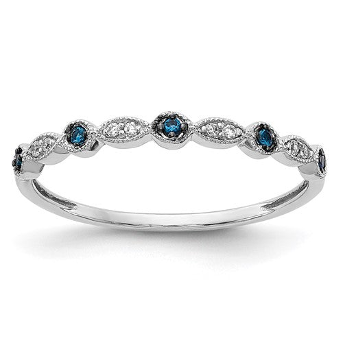 14k white gold diamond fancy band featuring blue and white diamonds, elegant jewelry ring with intricate design.