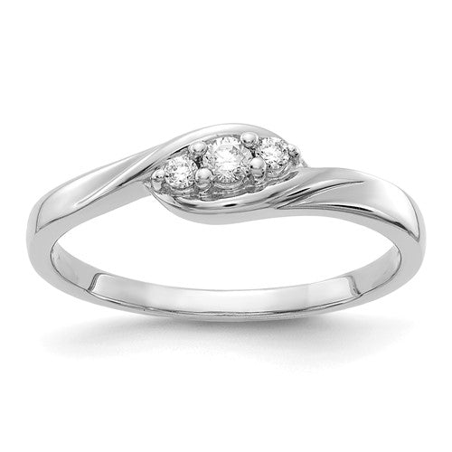 14k white gold three-stone diamond ring featuring sparkling diamonds set in elegant jewelry style.