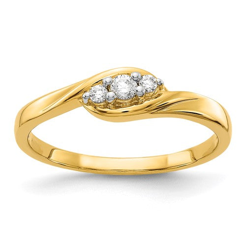14k yellow gold three-stone diamond ring with sparkling diamonds, elegant jewelry piece from Solomon Jewelers.