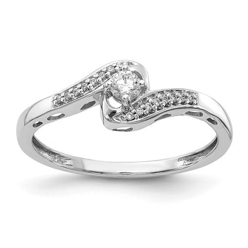 14k white gold diamond bypass ring with sparkling diamonds, elegant jewelry piece showcasing modern design and fine craftsmanship.
