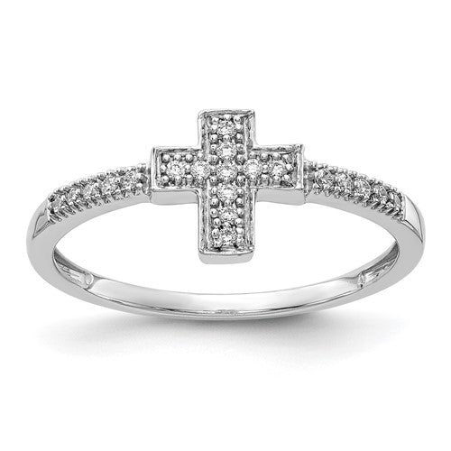 14k white gold diamond cross ring with polished finish, featuring sparkling diamonds, from Solomon Jewelers.