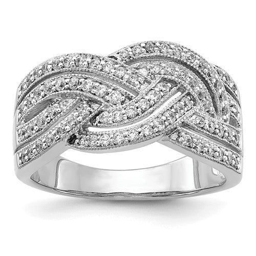 14k white gold woven diamond ring with sparkling diamonds, elegant jewelry piece showcasing intricate craftsmanship.
