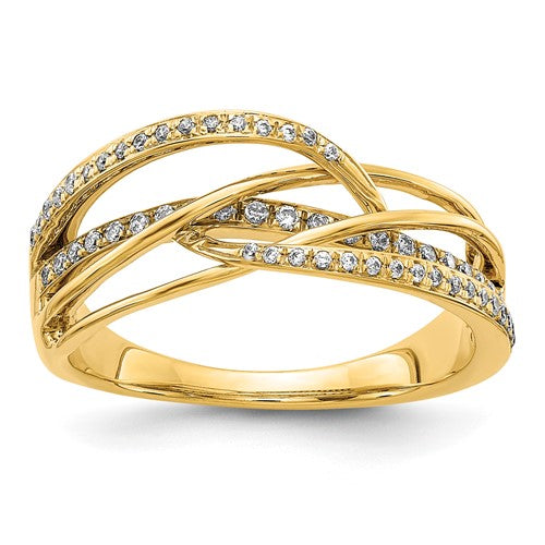 14k gold diamond swirl ring from Solomon Jewelers featuring sparkling diamonds and a elegant design.