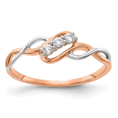 14k two-tone diamond twist ring with three-stone design, polished finish, crafted by Solomon Jewelers.