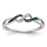 14k white gold twist ring with blue and white diamonds, elegant jewelry featuring sparkling gemstone accents.