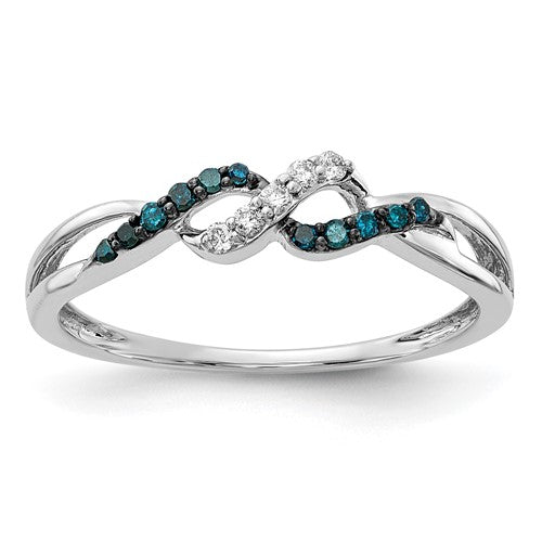 14k white gold twist ring with blue and white diamonds, elegant jewelry featuring sparkling gemstone accents.