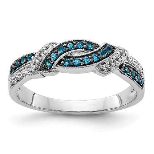 14k white gold ring with black rhodium, featuring white and blue diamonds, from Solomon Jewelers.