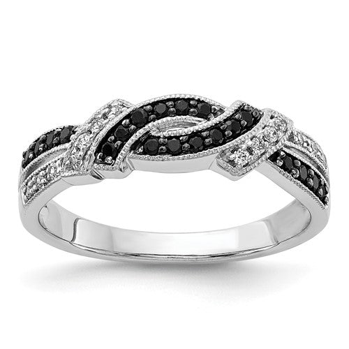 14k white gold and black rhodium ring with white and black diamonds, featuring a sleek, modern jewelry design.