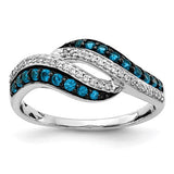 14k white gold diamond swirl ring with blue and white diamonds, elegant jewelry piece showcasing intricate design.