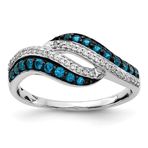14k white gold diamond swirl ring with blue and white diamonds, elegant jewelry piece showcasing intricate design.