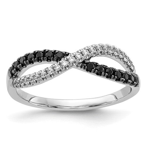14k white gold twisted ring with black and white diamonds, elegant jewelry piece featuring intricate design and sparkling gemstones.