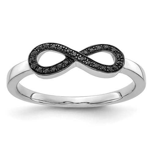 14k white gold black diamond infinity ring showing a sleek band with sparkling black diamonds and an infinity symbol design.