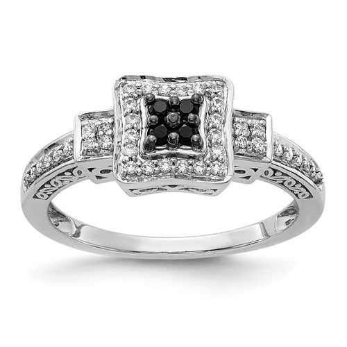 14k white gold diamond square ring with white and black diamonds, elegant jewelry piece from Solomon Jewelers.