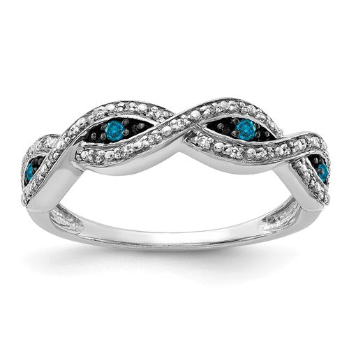 14k white gold twist ring with white and blue diamonds from Solomon Jewelers, showcasing elegant jewelry design.