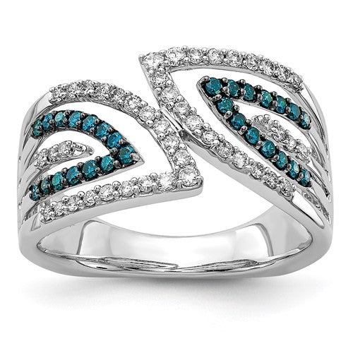 14k white gold diamond ring with blue and white fancy diamonds, elegant jewelry piece with intricate design.