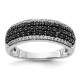 14k white gold band ring with white and black diamonds, showcasing elegant jewelry design and sparkling gemstone details.