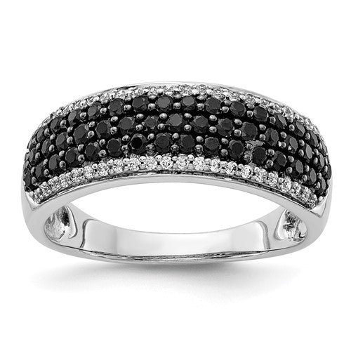 14k white gold band ring with white and black diamonds, showcasing elegant jewelry design and sparkling gemstone details.