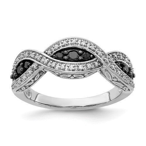 14k white gold twist ring featuring white and black diamonds, elegant jewelry piece with intricate design.