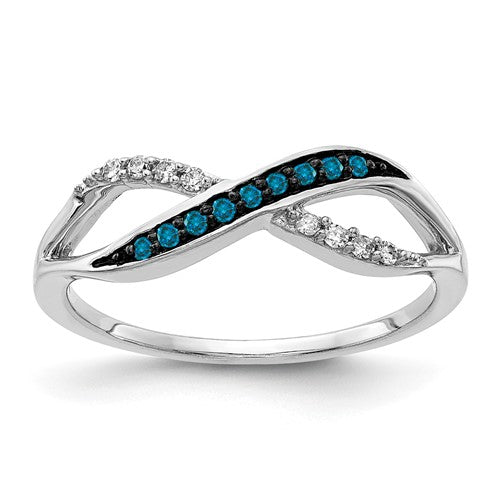 14k white gold crisscross ring with blue and white diamonds, elegant jewelry piece from Solomon Jewelers