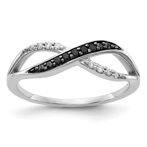 14k white gold crisscross ring with black and white diamonds, showcasing elegant jewelry design.