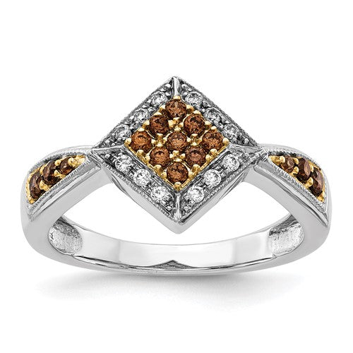 14k white and yellow rhodium diamond ring featuring white and champagne diamonds, crafted by Solomon Jewelers.