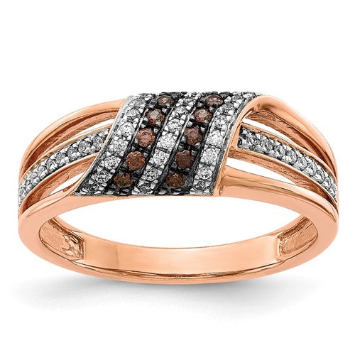 14k rose gold diamond ring with white and champagne diamonds, featuring intricate jewelry design from Solomon Jewelers.