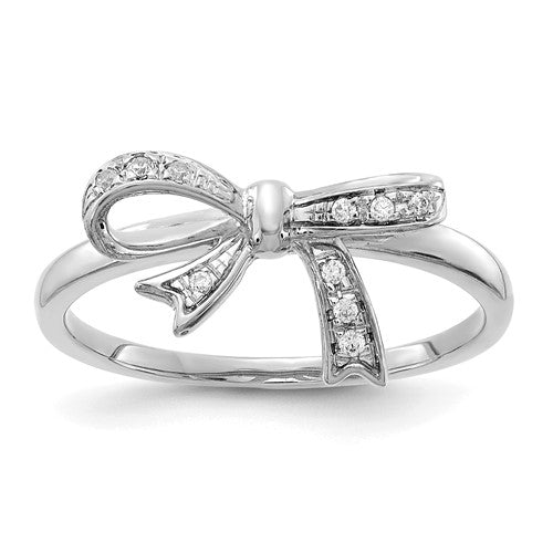 14k white gold diamond bow ring featuring sparkling diamonds, elegant jewelry piece from Solomon Jewelers.