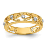14k gold flower vine design diamond ring with intricate floral details, crafted by Solomon Jewelers.