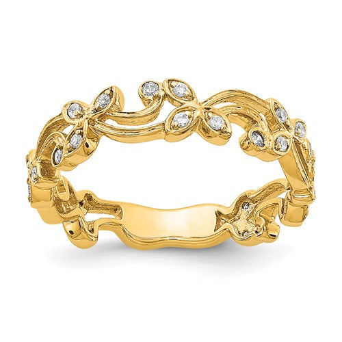 14k gold diamond floral ring showcasing intricate floral design and sparkling diamonds, jewelry ring from Solomon Jewelers.