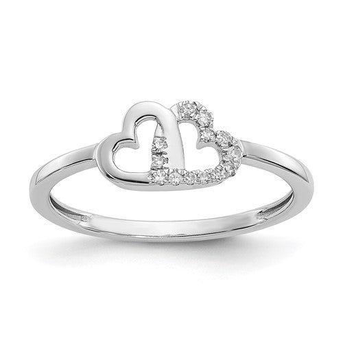 14k white gold diamond double heart ring with sparkling accent diamonds, featuring a romantic jewelry design from Solomon Jewelers