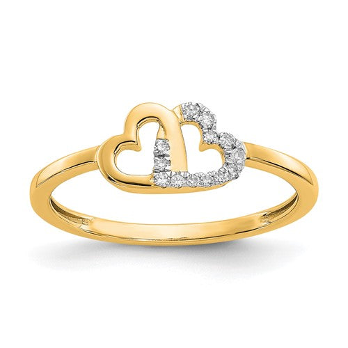 14k gold diamond double heart ring with sparkling gemstones, elegant jewelry piece from Solomon Jewelers.