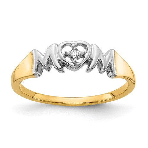 14k white gold diamond MOM ring with rhodium plating, featuring a detailed design and sparkling gemstones.