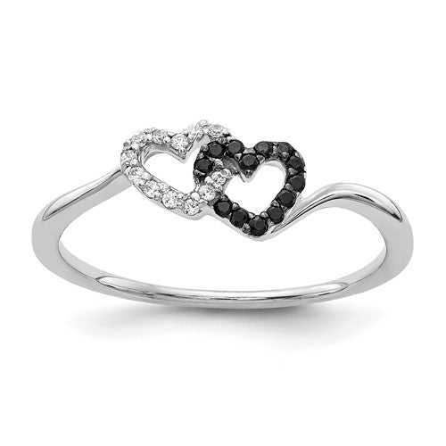 14k white gold diamond double heart ring with black and white diamonds, Solomon Jewelers jewelry ring, elegant and romantic design