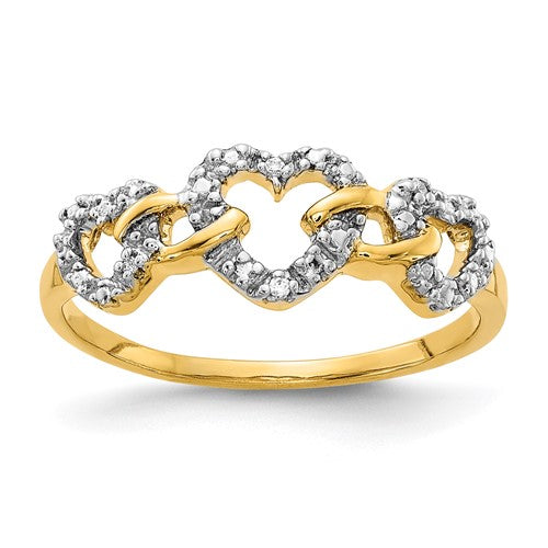 14k gold diamond triple heart ring with sparkling gemstones, elegant jewelry piece from Solomon Jewelers.