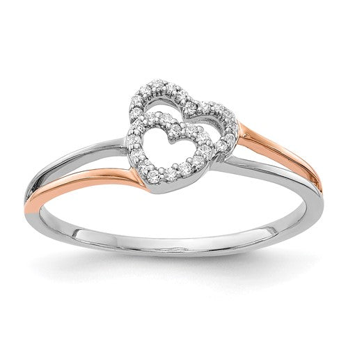 14k white and rose gold diamond double heart ring, polished jewelry ring with sparkling diamonds, elegant design by Solomon Jewelers