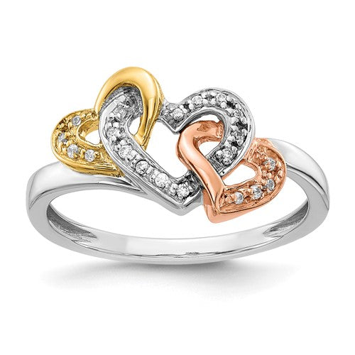 14k tri-color diamond triple heart ring from Solomon Jewelers, featuring three intertwined heart designs with sparkling diamonds.