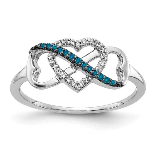 14k white gold ring with blue and white diamonds, featuring infinity and heart designs, from Solomon Jewelers.