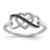 14k white gold ring with black and white diamonds, featuring infinity and heart designs, from Solomon Jewelers.