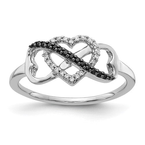 14k white gold ring with black and white diamonds, featuring infinity and heart designs, from Solomon Jewelers.