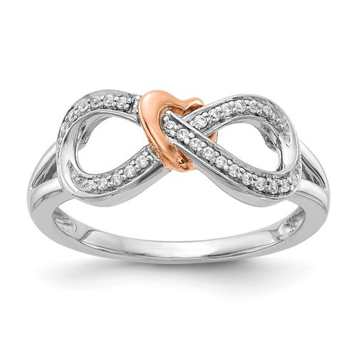 14k two-tone diamond infinity and heart ring from Solomon Jewelers, featuring sparkling diamonds and elegant design.