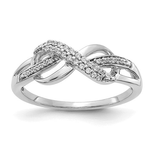 14k white gold diamond infinity symbol ring, elegant jewelry piece with sparkling diamonds, by Solomon Jewelers.