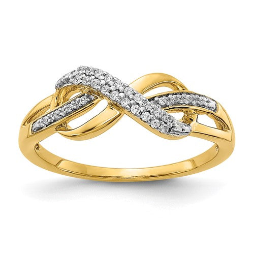 14k gold diamond infinity symbol ring with sparkling diamonds, elegant jewelry piece by Solomon Jewelers.