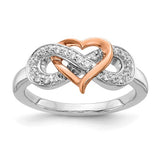 14k two-tone diamond heart infinity symbol ring showcasing sparkling diamonds and elegant mixed metal design.