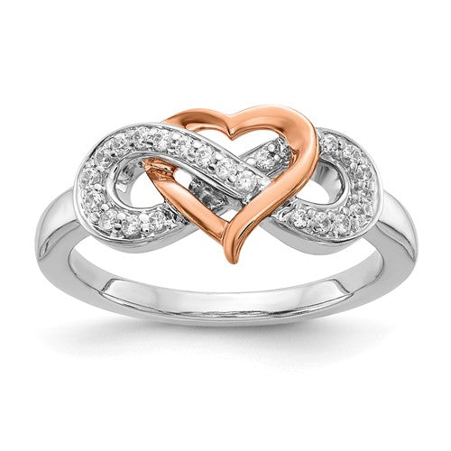 14k two-tone diamond heart infinity symbol ring showcasing sparkling diamonds and elegant mixed metal design.