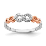 14k rose gold and white rhodium diamond infinity ring, elegant jewelry piece with sparkling diamonds from Solomon Jewelers