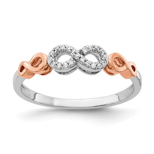 14k rose gold and white rhodium diamond infinity ring, elegant jewelry piece with sparkling diamonds from Solomon Jewelers