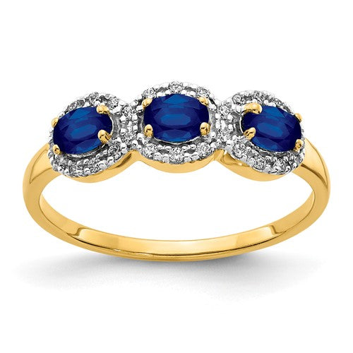 14k sapphire and diamond 3-stone ring, Solomon Jewelers jewelry, featuring a central sapphire with diamond side stones.