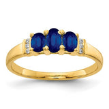 14k polished gold triple sapphire and diamond 3-stone ring showcasing vibrant blue sapphires and sparkling diamonds.