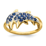 14k gold ring with diamond and sapphire dolphin design, featuring rhodium accents, jewelry ring from Solomon Jewelers.