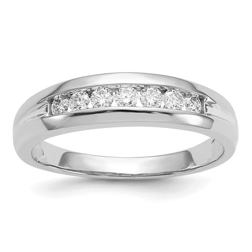 14k white gold diamond mens channel ring showing a sleek band with sparkling diamonds set in a channel design